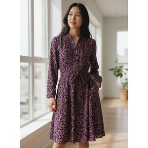 Nanette Lepore Floral Print Button Front Midi Dress Navy Pink Long Sleeve